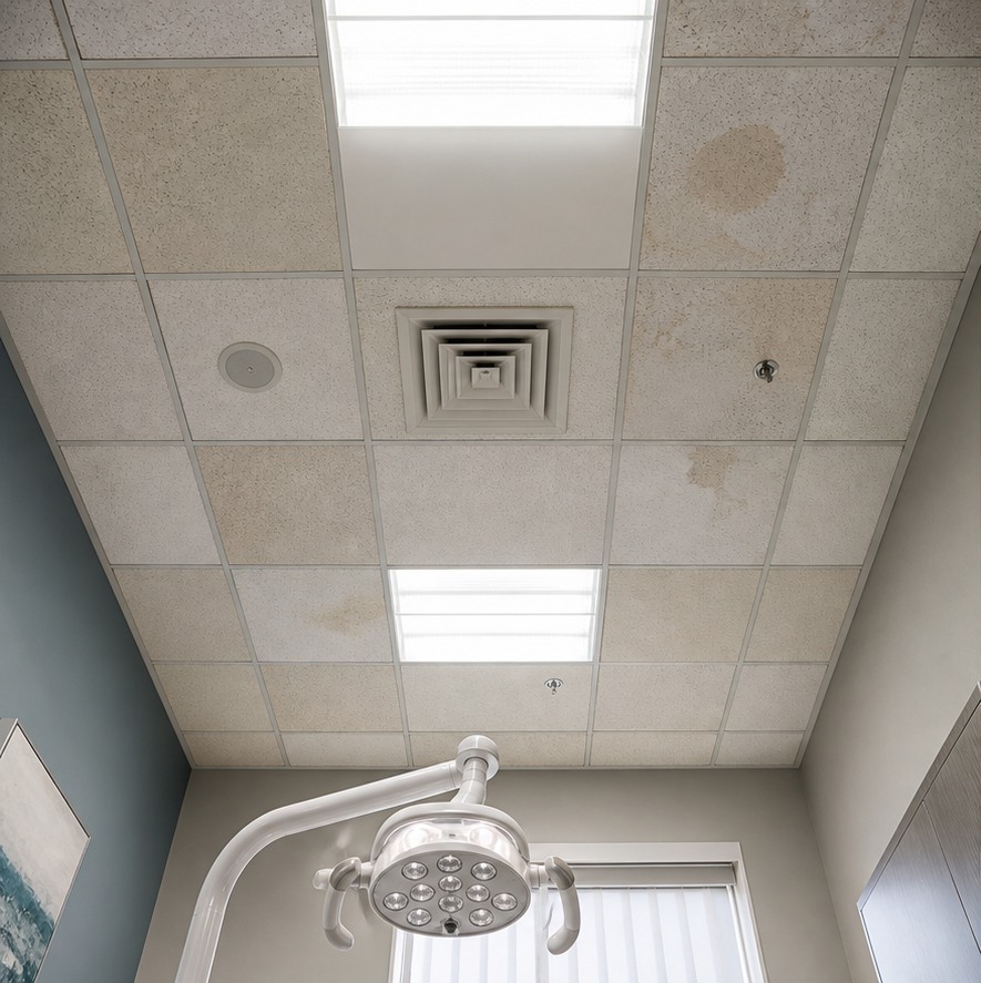 Before: dental patient view of a stained drop ceiling grid with fluorescent panels