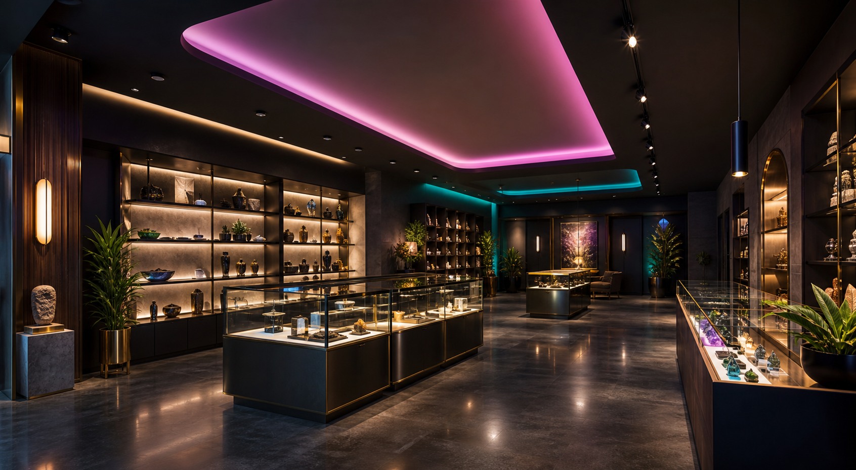 Premium specialty retail showroom with illuminated stretch ceiling features