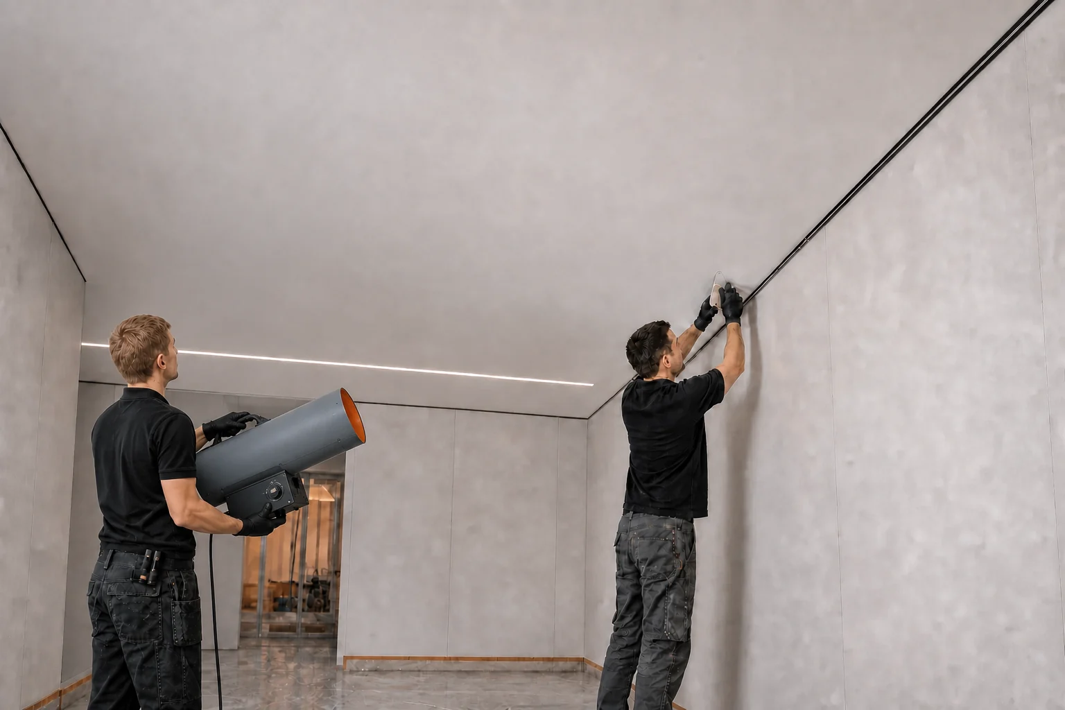 Installers working in a tall room while one carries a gray propane torpedo heater by its top handle at shoulder height with the outlet aimed toward open ceiling area and the other secures the canvas beside integrated linear LED lighting