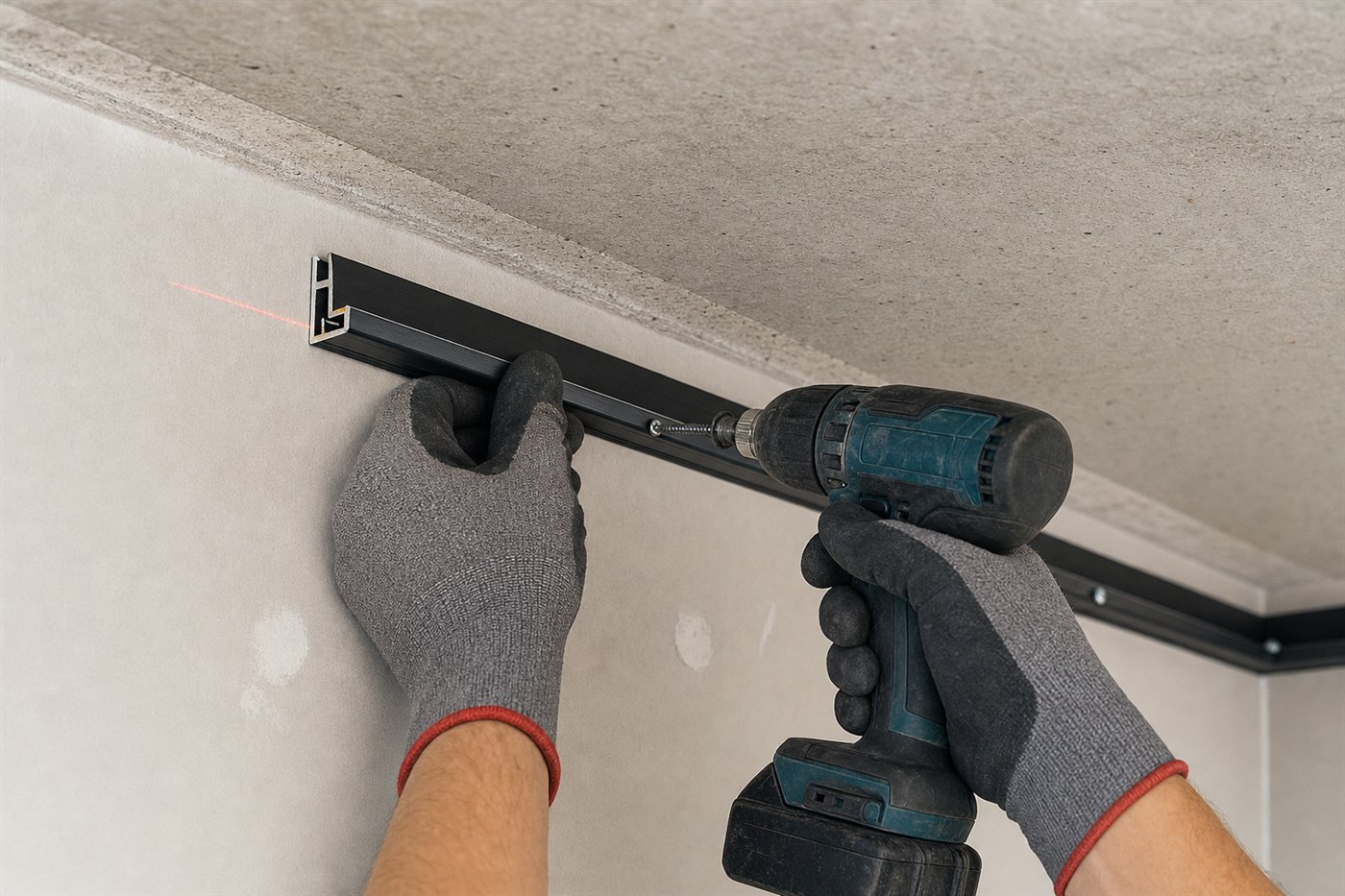 Perimeter track being installed at the ceiling height marked by a red laser line