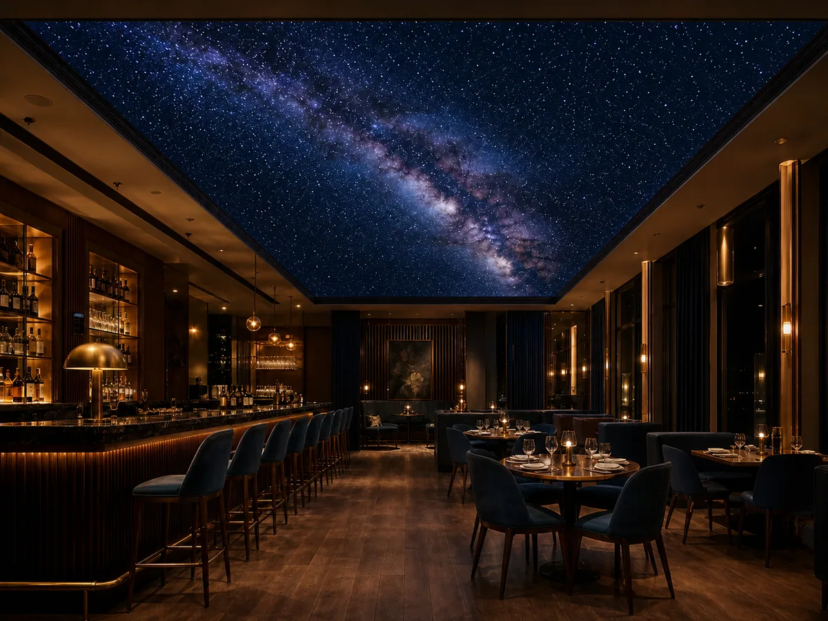 Upscale restaurant and cocktail bar with a Milky Way design printed on an evenly backlit stretch ceiling with a clean dark perimeter reveal