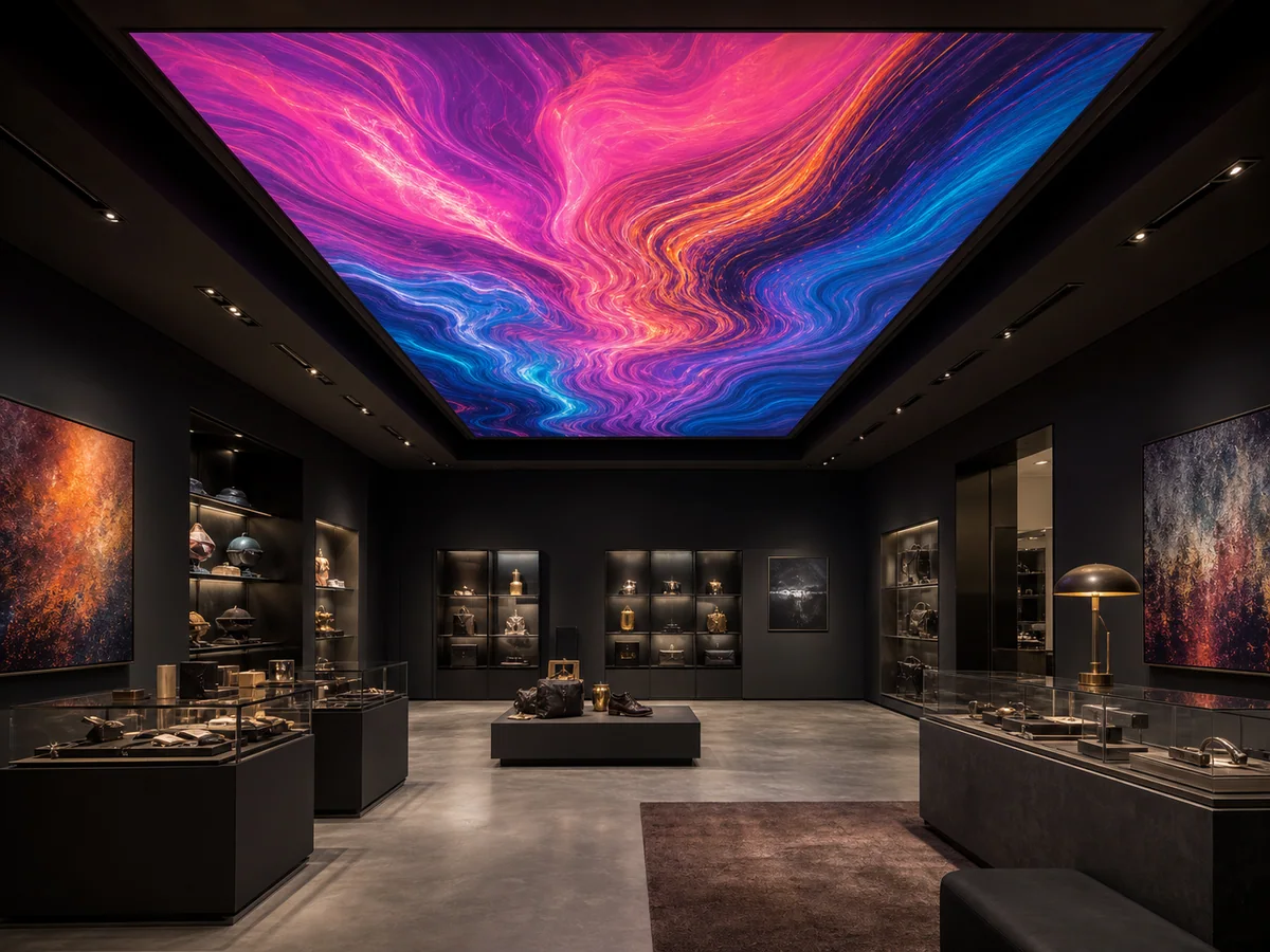 High-end specialty retail gallery with a vivid psychedelic design printed on an evenly backlit stretch ceiling