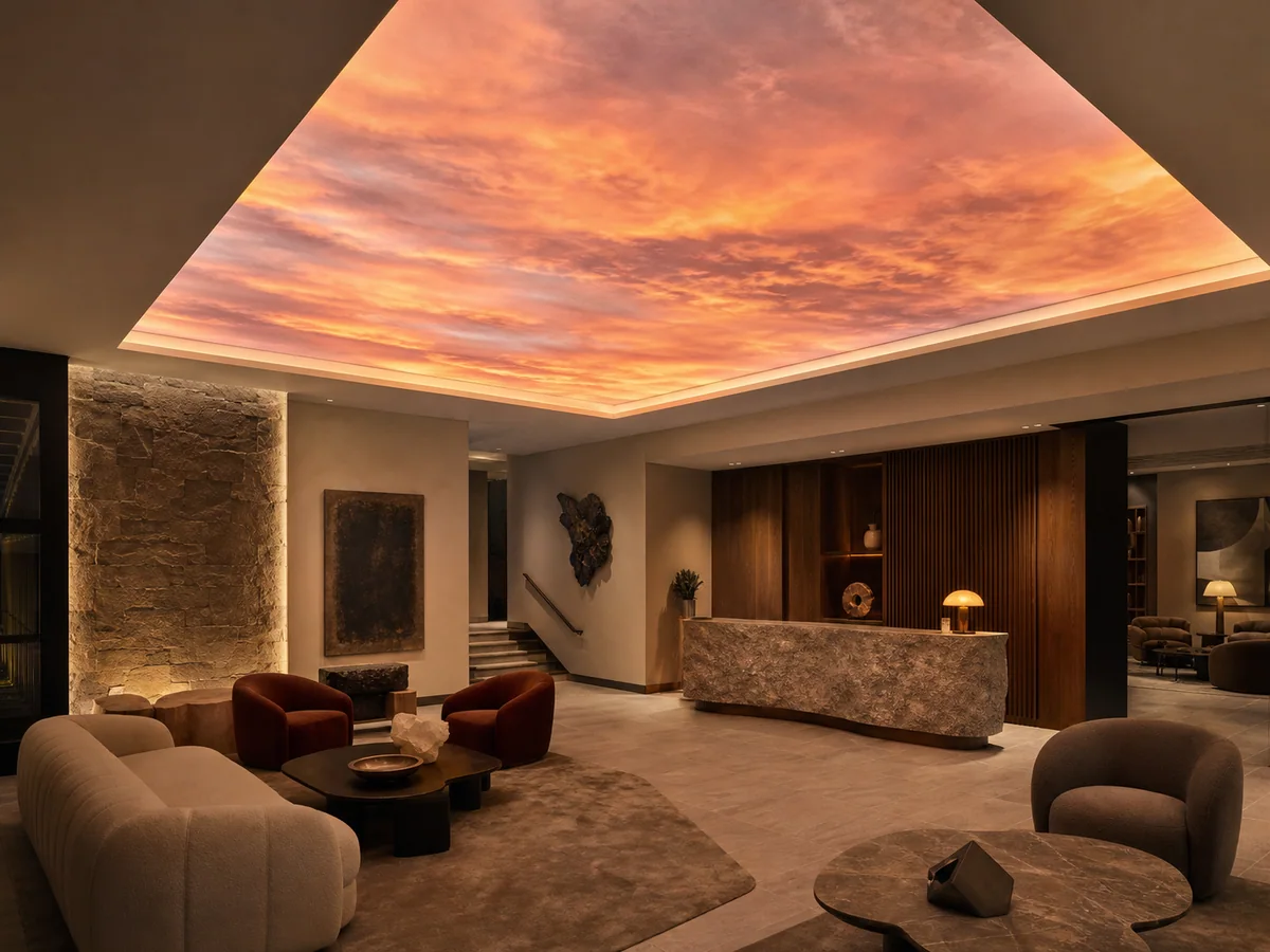 Boutique hotel lounge with a warm sunset sky printed on an evenly backlit stretch ceiling