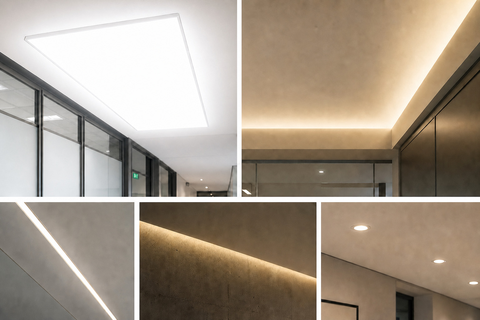 Commercial ceiling lighting examples including a high-output translucent backlit panel, underlit panels, LED diffusers, wall-edge downlighting, and recessed lights
