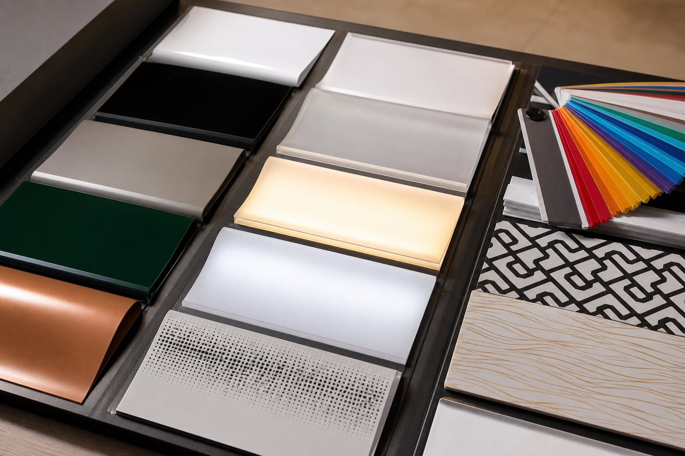 Physical stretch ceiling samples showing colors, translucent panels, screen-printed designs, and stacked sample sheets