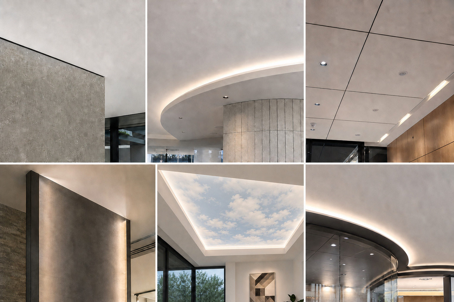 Commercial ceiling examples showing tight edges, bullnose soffits, paneled sections, vertical features, a recessed backlit cloudy-sky print, and curved details