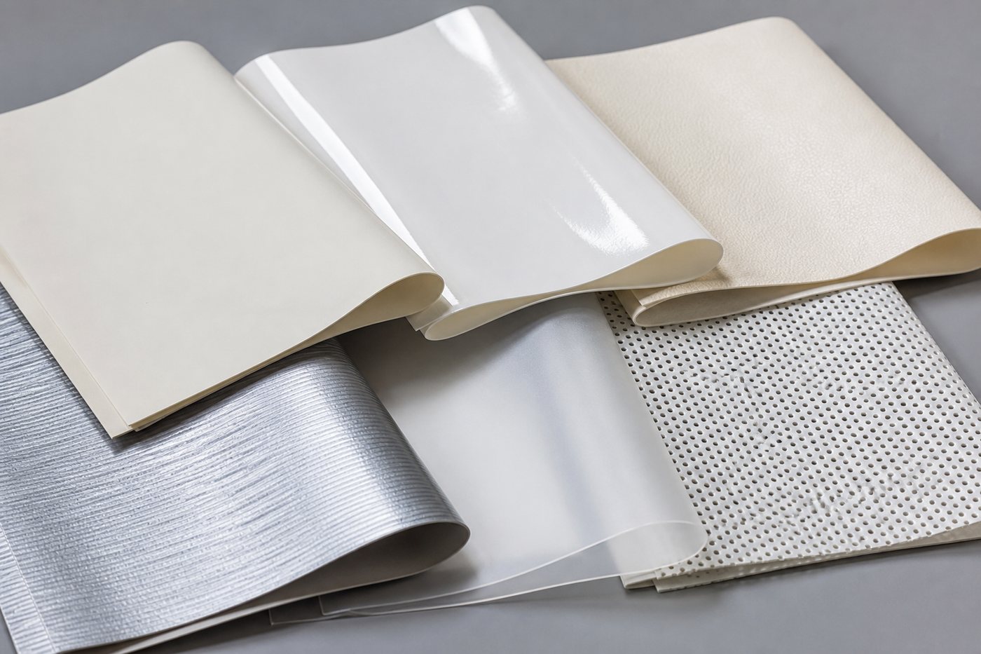 Physical canvas samples showing matte, satin, gloss, translucent, acoustic, metallic, and textured finishes