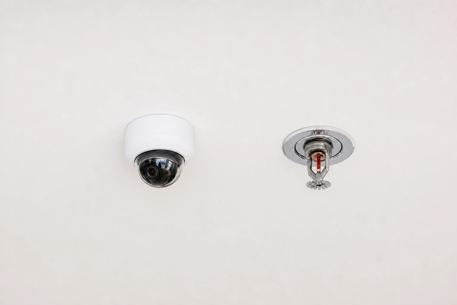 Security camera and fire sprinkler coordinated through a smooth finished ceiling