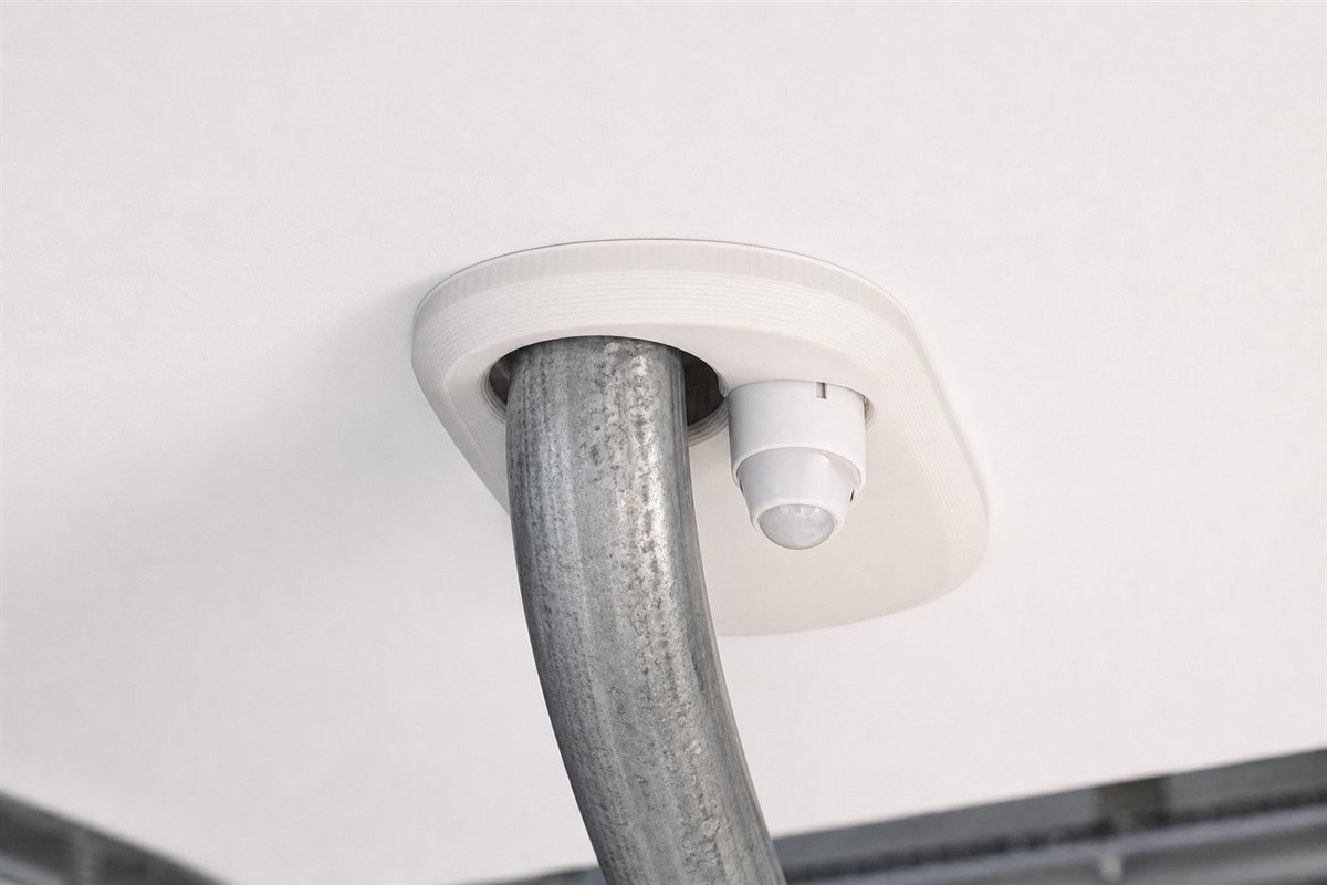 Custom 3D-printed ceiling adapter fitted around an irregular pipe and sensor