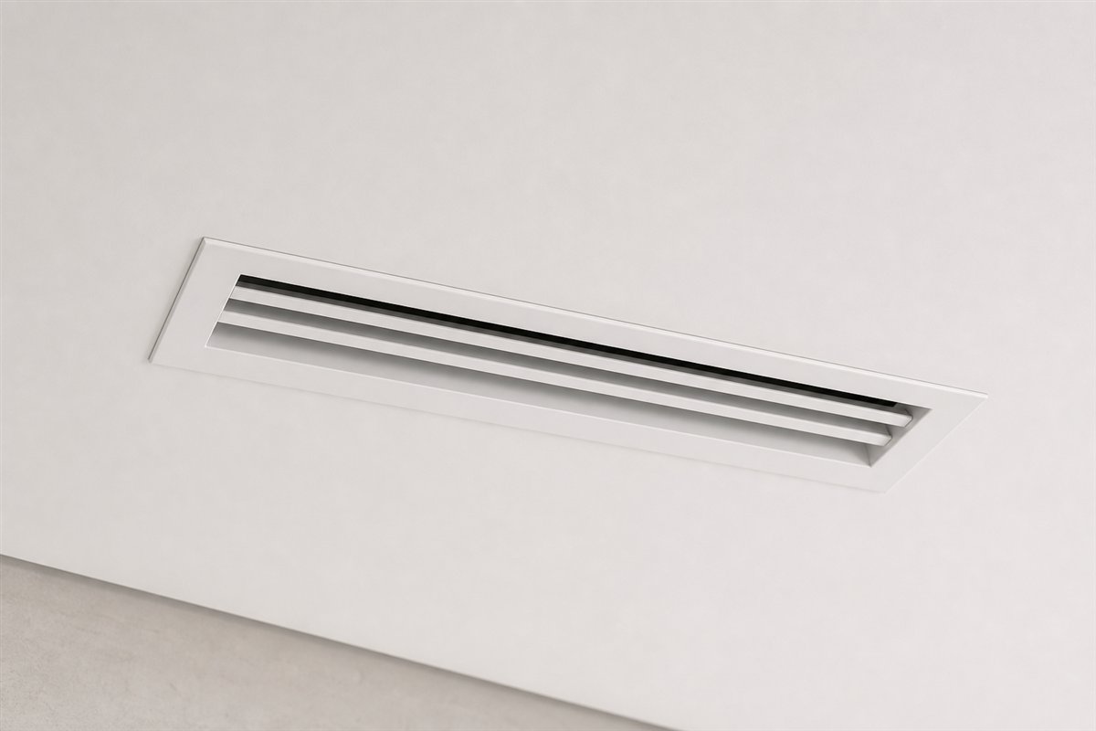 White linear air vent fitted cleanly into a smooth white ceiling canvas