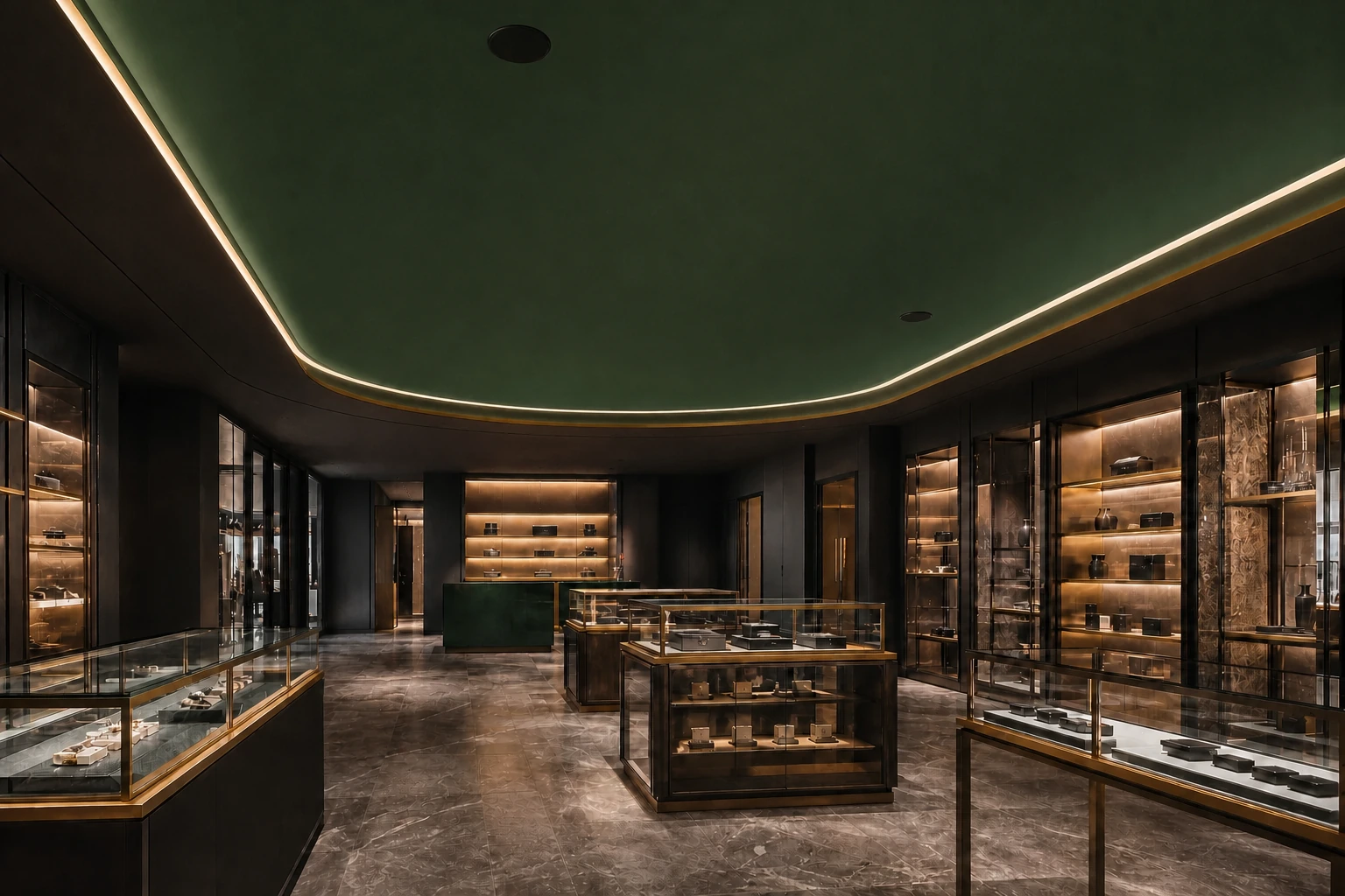 Premium specialty retail showroom with an emerald stretch ceiling and coordinated warm perimeter lighting