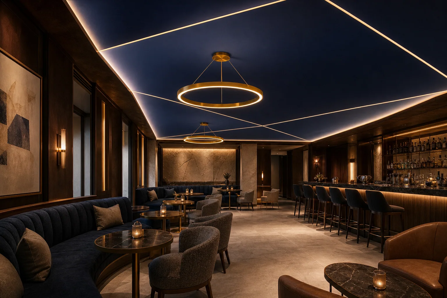 Luxury hotel cocktail lounge beneath a faceted sapphire stretch ceiling with integrated linear lighting and matching ring chandeliers