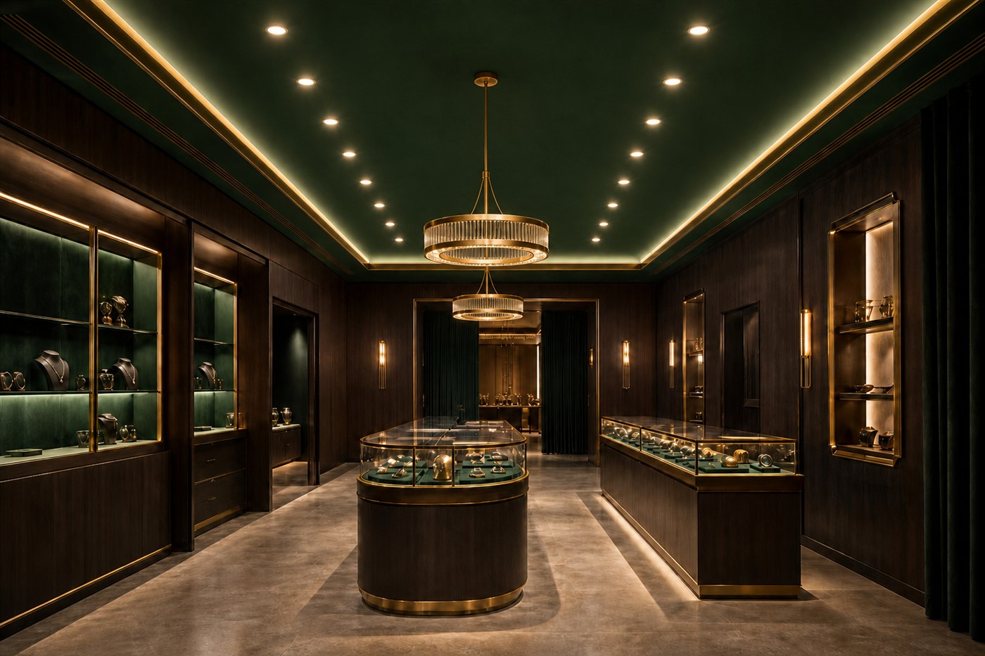 Specialty retail example with an emerald ceiling and champagne perimeter lighting