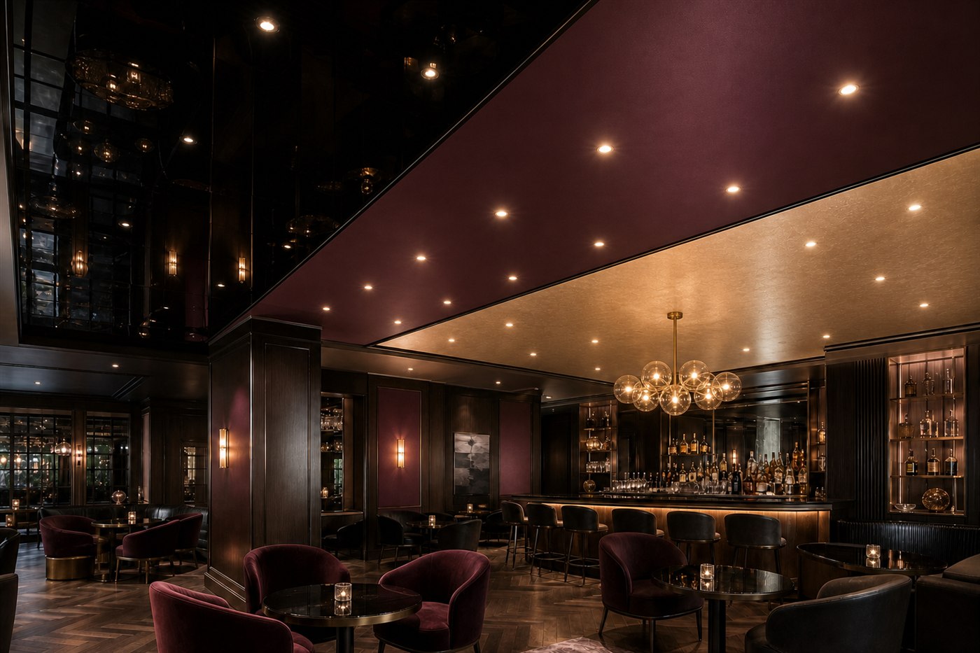 Cocktail room example with black gloss, aubergine satin, and textured champagne ceiling finishes