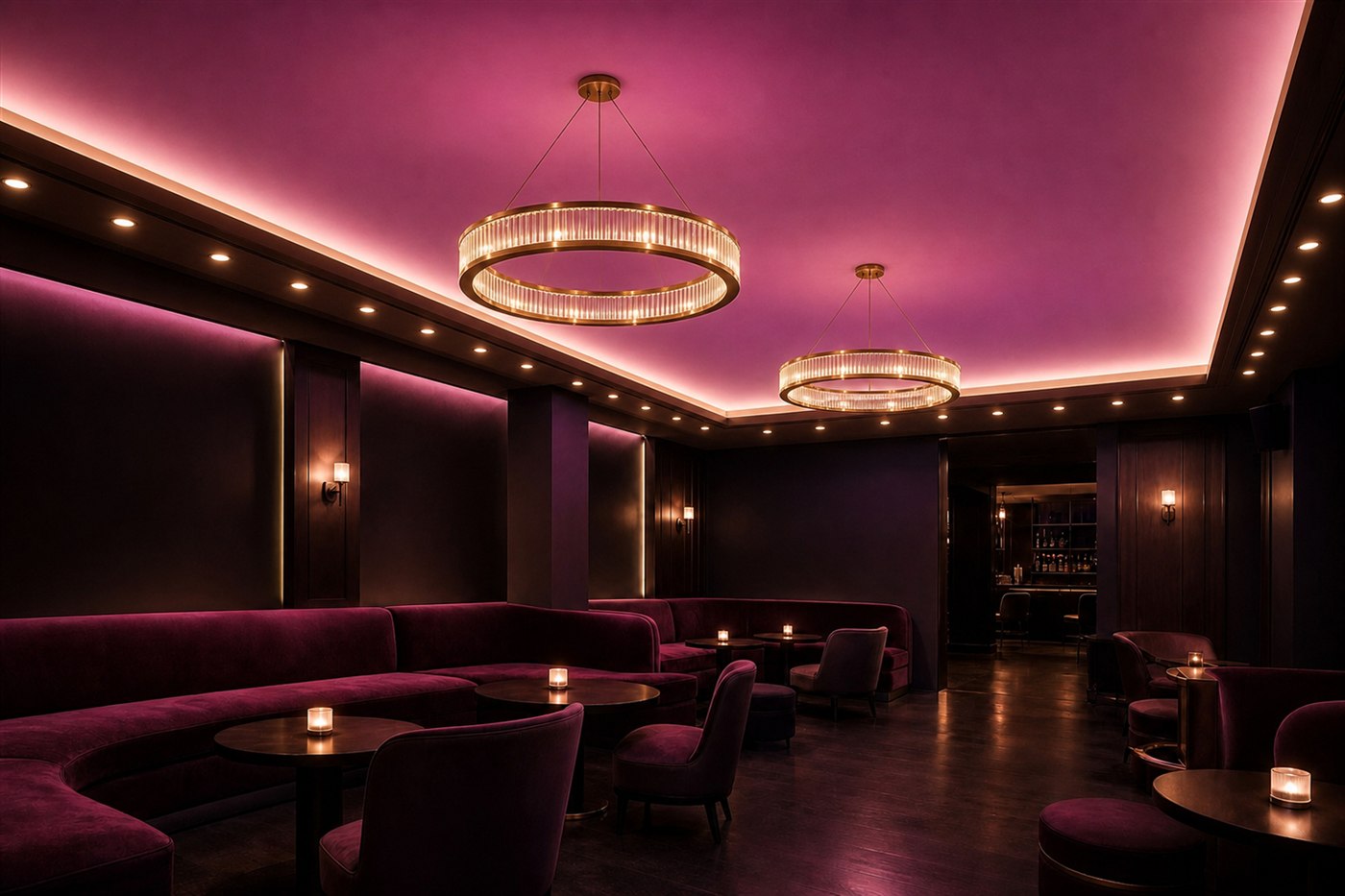 Hospitality lounge example with a violet-magenta illuminated stretch ceiling