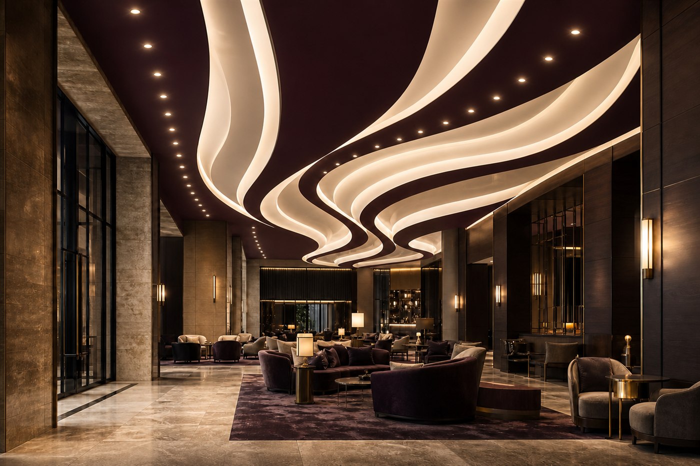 Luxury hotel lounge example with sculptural luminous ceiling ribbons