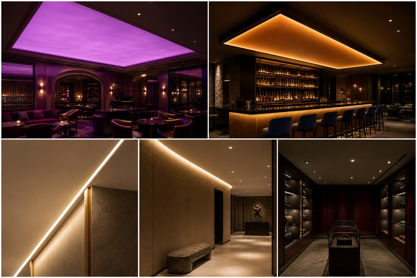 Concept examples of violet backlighting, warm amber underlighting, diffused LED, wall-edge downlighting, and recessed lighting in luxury hospitality rooms