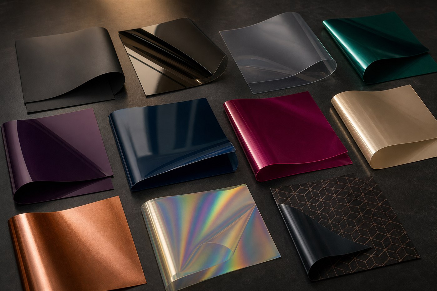 Concept sample board showing dark, jewel-tone, metallic, translucent, iridescent, and printed stretch ceiling materials
