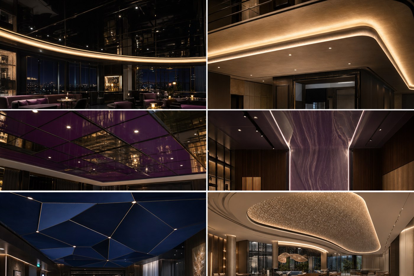 Concept examples showing black gloss edges, illuminated bullnose soffits, aubergine panels, vertical features, midnight-blue angles, and curved ceiling details